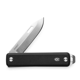 James The Ellis Slim Knife with black textured G10 handle and stainless steel blade partially opened