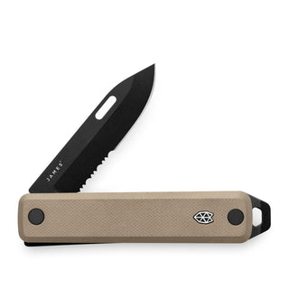 James The Ellis Slim Knife with tan G10 handle and partially serrated black blade open at angle