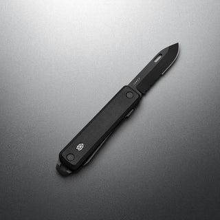 James The Ellis Scissors Knife with black textured G10 handle and partially serrated Sandvik steel blade