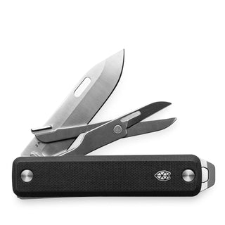 James The Ellis Scissors Knife with black G10 handle and stainless steel blade partially open