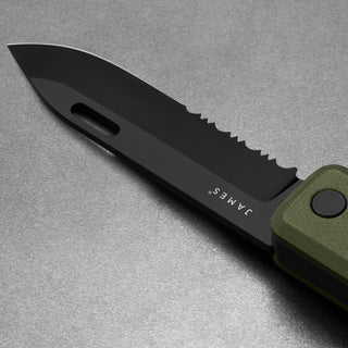 James The Ellis Scissors Knife with matte black blade and green textured Micarta handle close-up