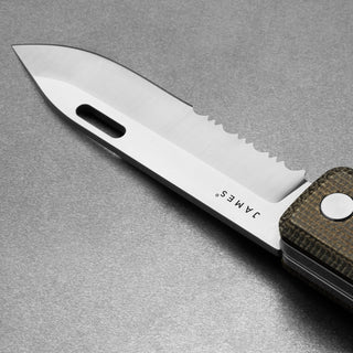 James The Ellis Scissors Knife featuring a stainless Sandvik steel blade with partial serration and textured Micarta handle