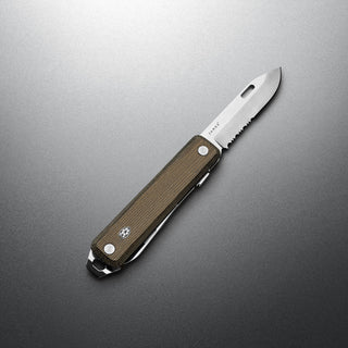 James The Ellis Scissors Knife with serrated Sandvik blade and textured green Micarta handle by The James Brand