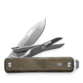 James The Ellis Scissors Knife featuring Micarta handle with stainless steel blade and scissors open
