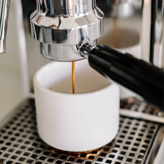 FELLOW Monty Espresso Cups (3oz/89ml) (2-Pack) with espresso brewing into white ceramic cup
