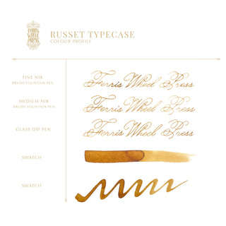 Russet Typecase | 38ml Ink | Ferris Wheel Press shows ink color swatches and calligraphy samples on paper