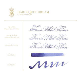 Harlequin Dream | 38ml Ink | Ferris Wheel Press with elegant blue calligraphy and ink swatches on white background
