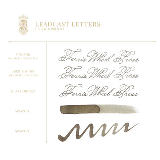 Leadcast Letters | 38ml Ink | Ferris Wheel Press showing calligraphy samples and ink color swatches
