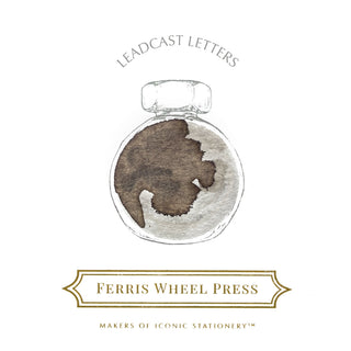 Leadcast Letters | 38ml Ink | Ferris Wheel Press logo with ink bottle watercolor illustration and vintage typography