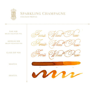 Sparkling Champagne | 85ml Ink | Ferris Wheel Press showing calligraphy strokes and color swatches in warm amber tones
