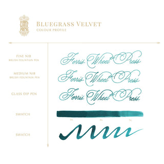 Bluegrass Velvet | 38ml Ink | Ferris Wheel Press teal blue calligraphy samples and gradient swatch demonstration