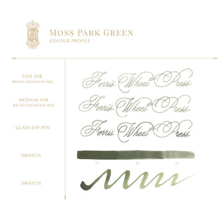 Moss Park Green | 38ml Ink | Ferris Wheel Press calligraphy samples showing fine, medium, and glass dip pen strokes