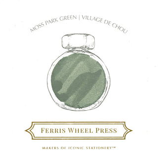 Moss Park Green | 38ml Ink | Ferris Wheel Press showing hand-drawn round ink bottle with muted green ink inside