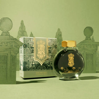 Moss Park Green | 38ml Ink | Ferris Wheel Press round glass bottle with gold cap and decorative box on green background