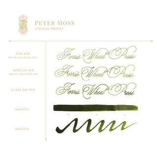Peter Moss | 38ml Ink | Ferris Wheel Press showcased with calligraphy samples and green ink swatches on white background
