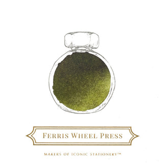 Peter Moss | 38ml Ink | Ferris Wheel Press round bottle with olive green ink and clear glass design