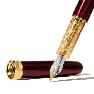 The Bijou Fountain Pen - Ambrosia Indulgence | Ferris Wheel Press with detailed gold engraving and red lacquer body