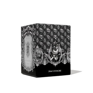 Box packaging with intricate black and silver baroque design for 28ml Calligraphy Ink - Black Masquerade | Ferris Wheel Press
