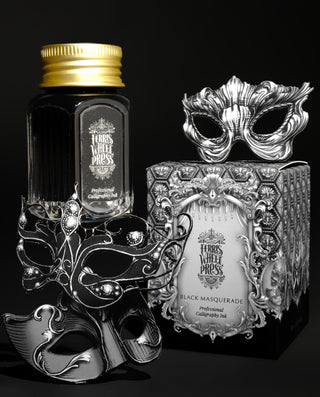 28ml Calligraphy Ink - Black Masquerade | Ferris Wheel Press bottle with ornate black and silver masquerade masks and packaging