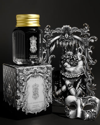 28ml Calligraphy Ink - Black Masquerade | Ferris Wheel Press bottle with ornate black and silver packaging and mask