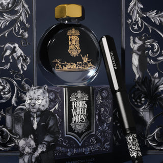 Bearrington Black | 38ml Ink | Ferris Wheel Press with ornate glass bottle and black pen in detailed packaging