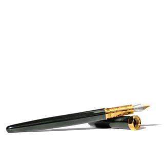 The Bijou Fountain Pen - Echoes of Eaton by Ferris Wheel Press with brass grip and fine nib shown uncapped