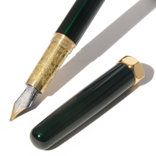 The Bijou Fountain Pen - Emerald Gardens | Ferris Wheel Press with engraved gold grip and deep emerald barrel
