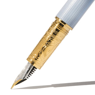 The Bijou Fountain Pen - Forget Me Not | Ferris Wheel Press with gold engraved brass grip and fine nib close-up