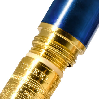 The Bijou Fountain Pen - Luna Celeste | Ferris Wheel Press close-up of brass grip with gold plating and blue lacquer barrel