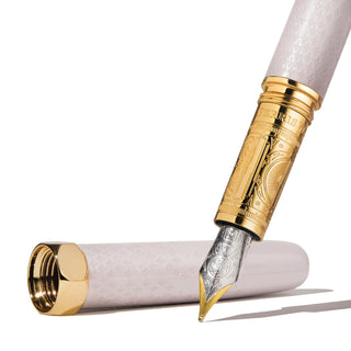 The Bijou Fountain Pen - Sandcastle Clay | Ferris Wheel Press with engraved gold hardware and detailed nib close-up