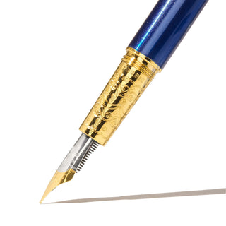 2025 Limited Edition | The Joule Fountain Pen - Blue Revelry | Ferris Wheel Press with gold engraved grip close-up