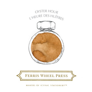 Oyster Hour | 38ml Ink | Ferris Wheel Press showing warm brown ink in round glass bottle with detailed label