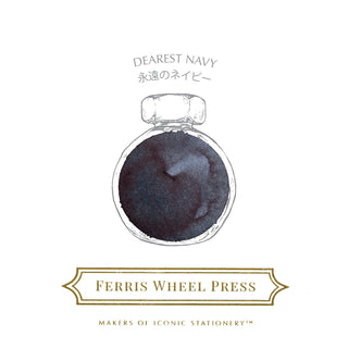 Dearest Navy Fountain Pen Inks - 10ml Bottled by Ferris Wheel Press showcasing deep navy ink texture in round bottle design