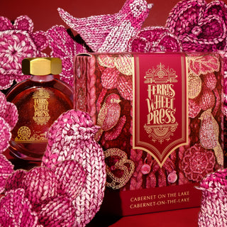 Cabernet on the Lake 38ml Ink bottle and box with intricate knit-textured bird and floral designs by Ferris Wheel Press