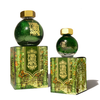 Emerald Gardens Fountain Pen Inks - 20ml Bottled | Ferris Wheel Press shiny green ink in round glass bottle on decorative box