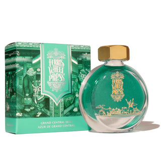 Grand Central Skies | 38ml Ink | Ferris Wheel Press featuring teal glass bottle with gold cap and detailed packaging