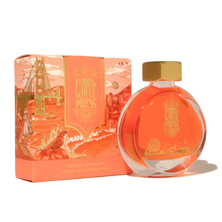 Golden Gate Glow 38ml Ink by Ferris Wheel Press in round glass bottle with gold cap and orange box
