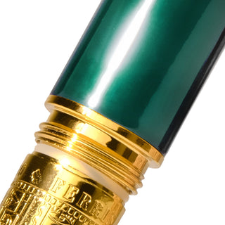 Close-up of The Joule Fountain Pen - Engravers Teal | Ferris Wheel Press showing brass and gold-plated details