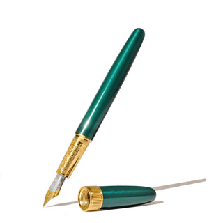 The Joule Fountain Pen - Engravers Teal | Ferris Wheel Press with gold-accented brass body and open cap