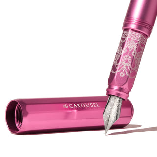 Honorary Edition 2024 Aluminum Carousel Fountain Pen pink aluminum body with detailed silver nib by Ferris Wheel Press