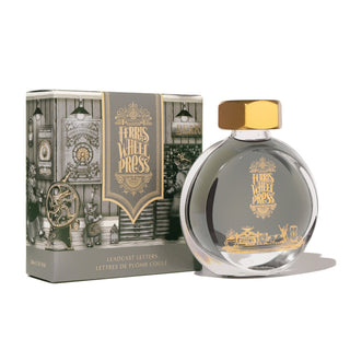 Leadcast Letters | 38ml Ink | Ferris Wheel Press with clear round glass bottle and ornate gold cap packaging