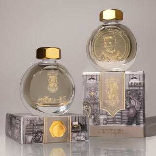 Leadcast Letters | 38ml Ink | Ferris Wheel Press round glass bottles with gold caps on illustrated boxes