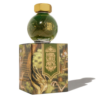 Lost in the Leaves | 20ml Ink | Ferris Wheel Press green shimmering ink bottle with gold cap on decorative box