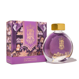 Mulberry Majesty | 38ml Ink | Ferris Wheel Press round glass bottle with purple shimmer ink and gold cap next to decorative box