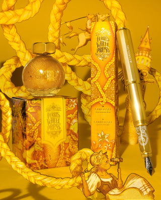 Plaited Gold Tress Fountain Pen Inks - 20ml Bottled | Ferris Wheel Press gold shimmer ink with matching pen and packaging