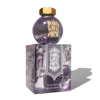 FerriTales Bestiary Series Phantom Mist Fountain Pen Inks 85ml bottle with gold cap on purple Ferris Wheel Press box