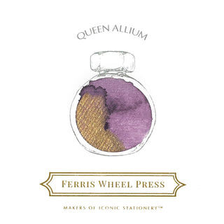Queen Allium Fountain Pen Inks - 10ml Bottled | Ferris Wheel Press showing purple and gold ink swirl in round bottle
