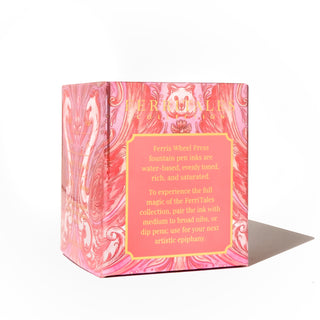 Radiant Rosewing Fountain Pen Inks - 20ml Bottled packaging with pink marbled design by Ferris Wheel Press