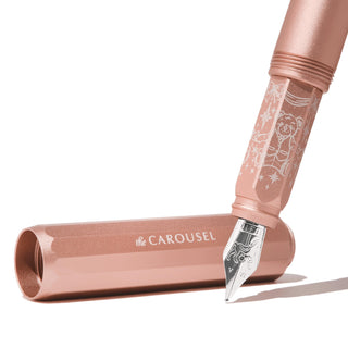 Aluminum Carousel Fountain Pen - Rose Petal Plush with engraved barrel and steel nib by Ferris Wheel Press