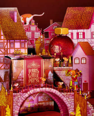 Song of Scarlet Fountain Pen Inks - 20ml Bottled | Ferris Wheel Press with red ink bottle and whimsical village scene